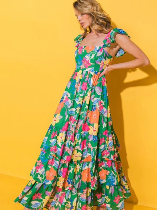 Baltic Born Dresses & Skirts - Baltic Born Green Floral Maxi Dress with Ruffle Straps and smocked back